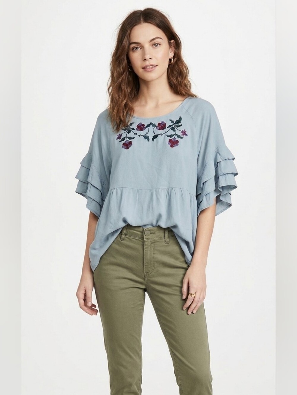 Umgee Dusty Blue Floral Ruffle Sleeves Embroidered Peplum Top Size Small